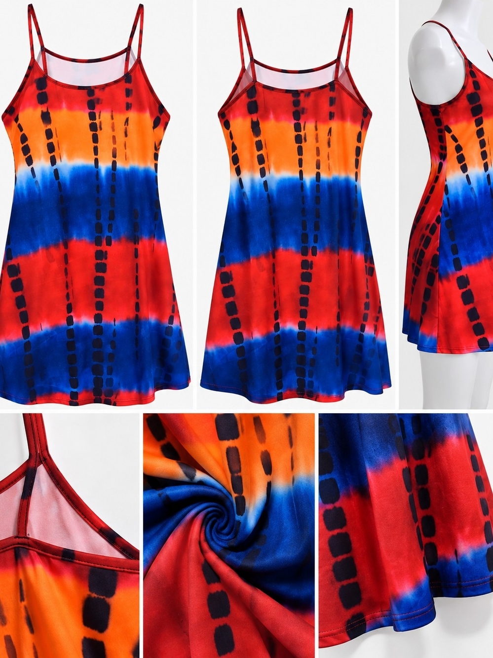 Spaghetti Strap Mini Dress in Red, Orange & Blue